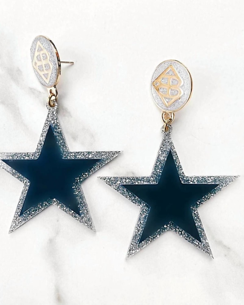 Front of a size One Size Star Earrings With Large Bc Logo in Navy Blue And Silver in Navy Blue And Silver by Brianna Cannon. | dia_product_style_image_id:331313